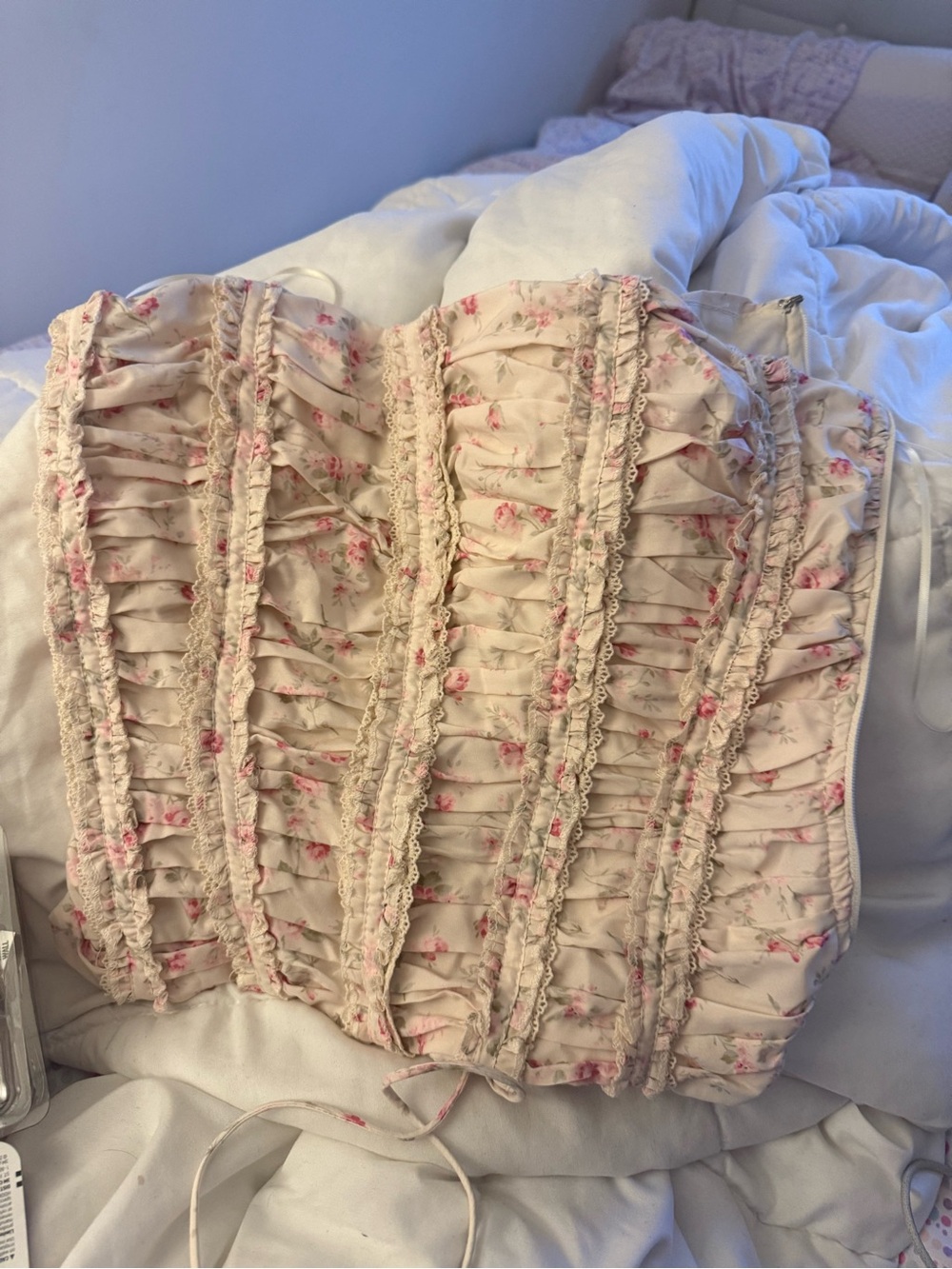 MARBLE Floral Ruched Corset Camisole in Pink and Cream